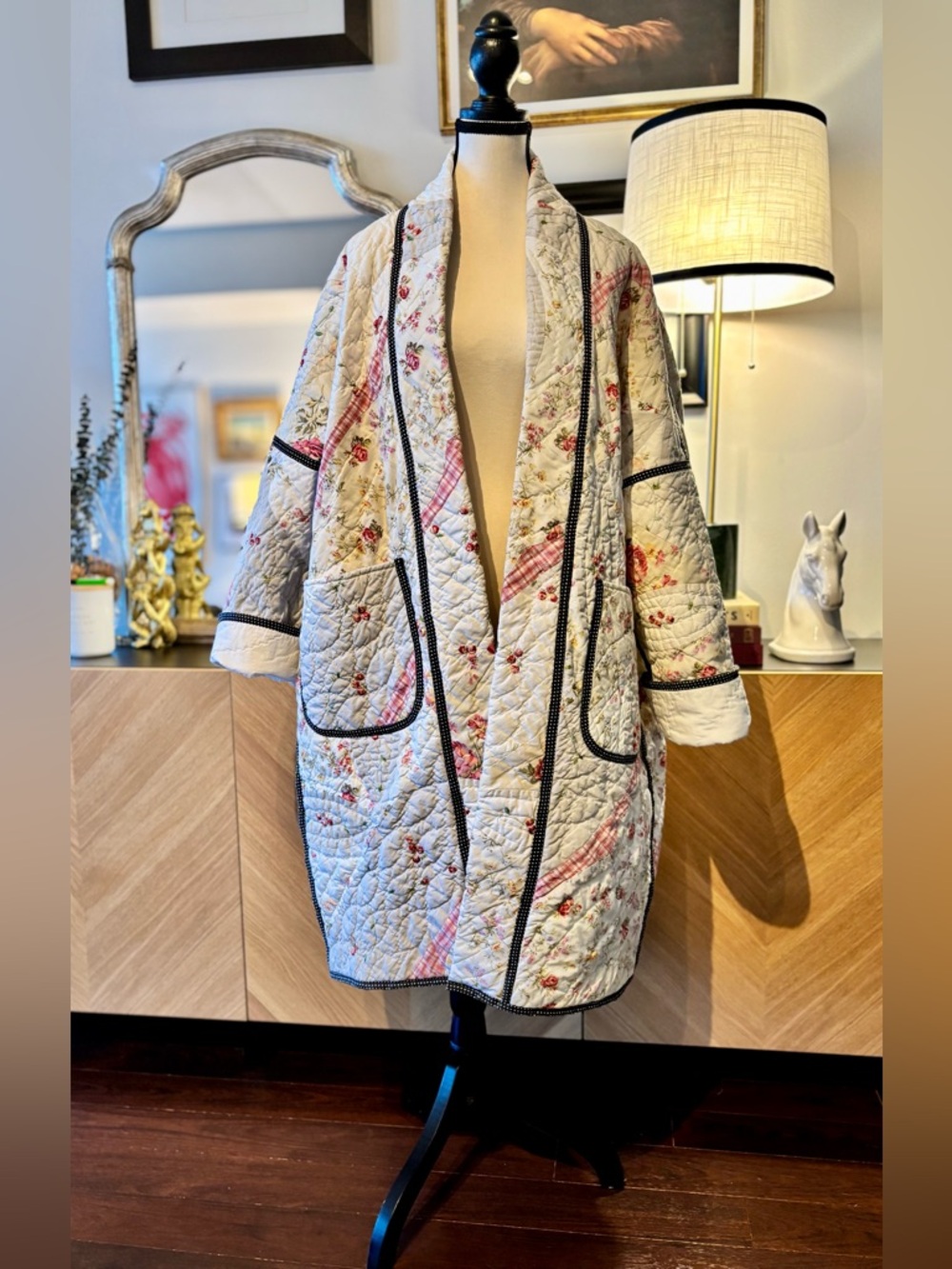 💗SOLD💗 HANDMADE Quilted Floral and Patchwork Long Coat in Cream and Pink O/S - Picture 4 of 16